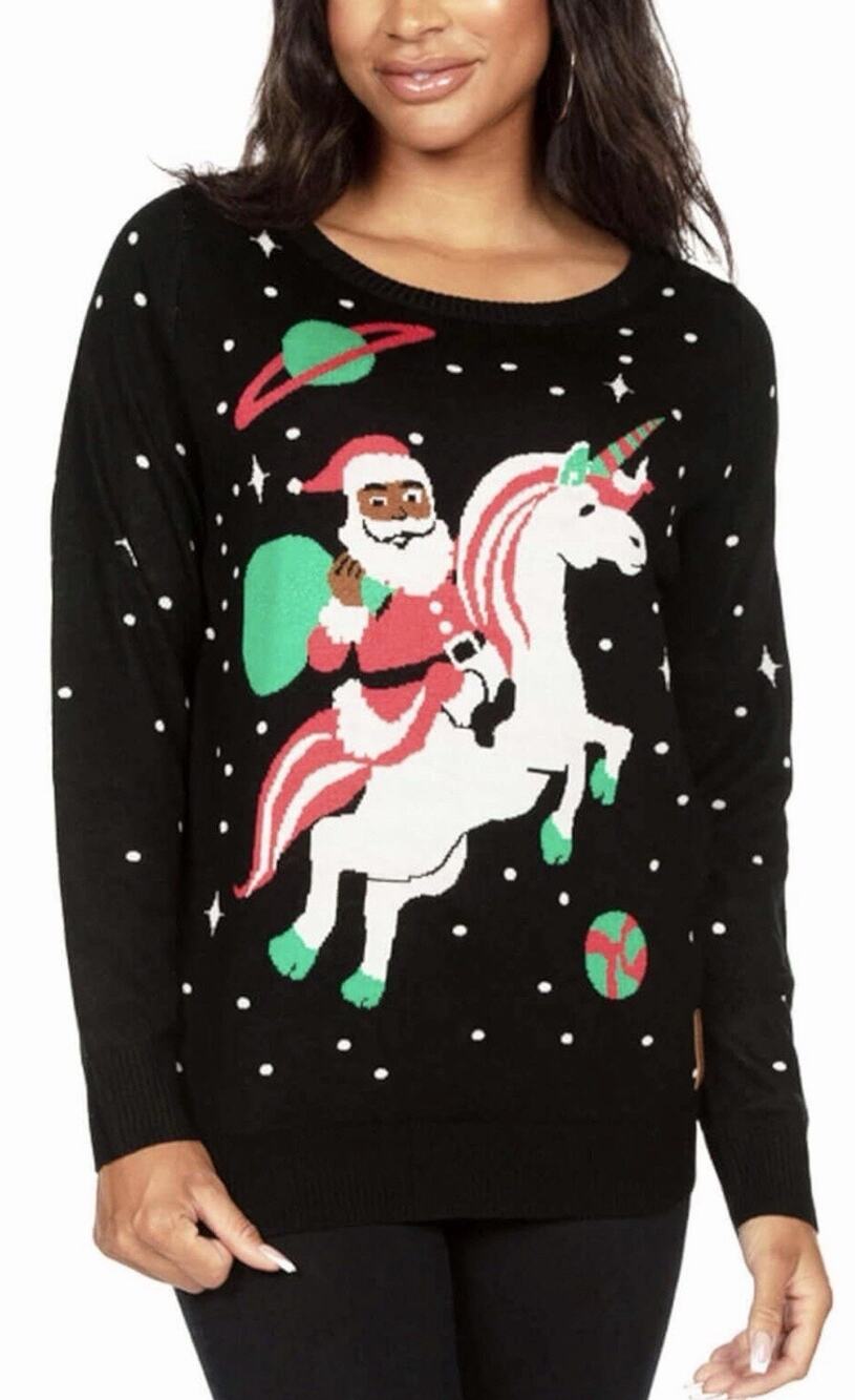 Tipsy Elves Santa Unicorn Ugly Christmas Sweater, Black Santa, Size M